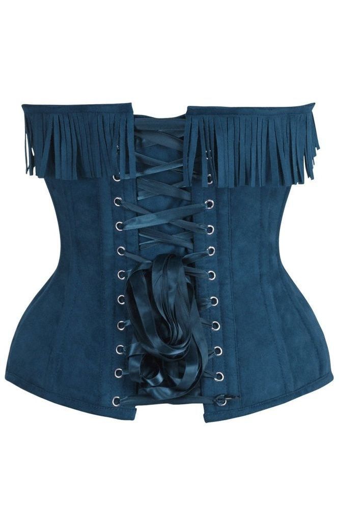Top Drawer Blue Suede Steel Boned Overbust Corset w/Fringe