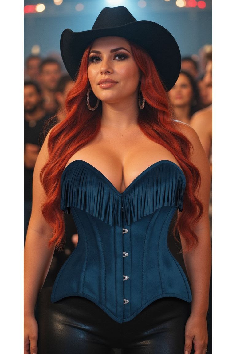 Top Drawer Blue Suede Steel Boned Overbust Corset w/Fringe