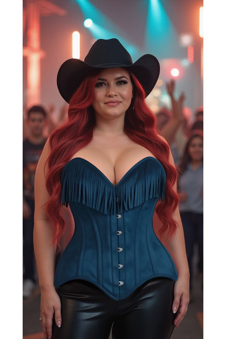Top Drawer Blue Suede Steel Boned Overbust Corset w/Fringe