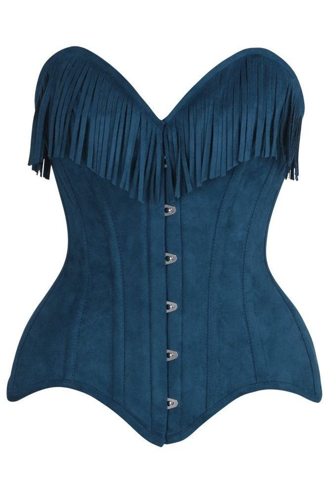 Top Drawer Blue Suede Steel Boned Overbust Corset w/Fringe