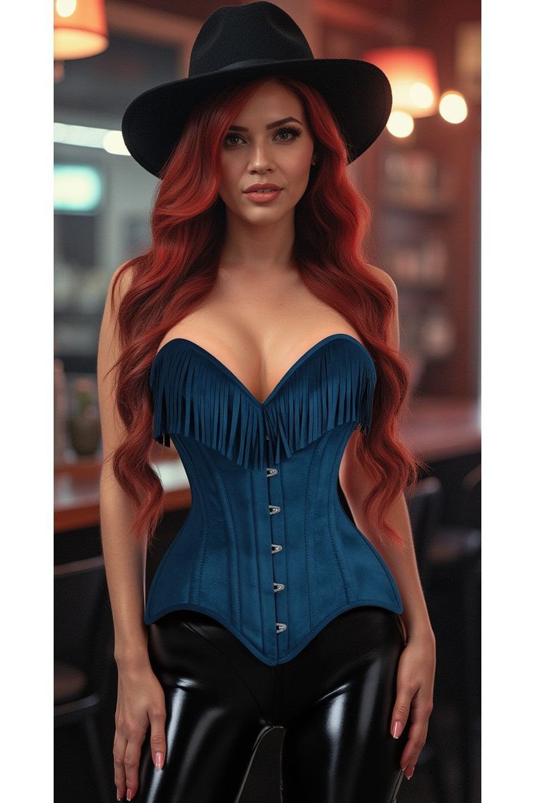 Top Drawer Blue Suede Steel Boned Overbust Corset w/Fringe