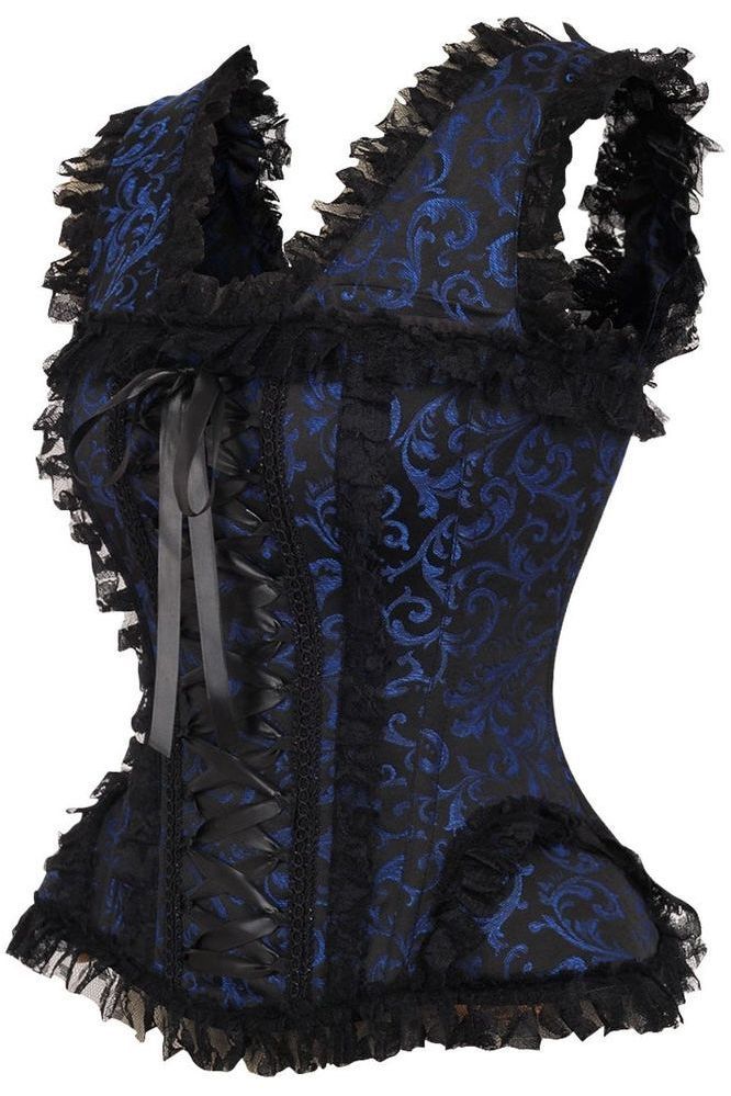 Top Drawer Blue/Black Swirl Brocade & Lace Steel Boned Corset w/Cap Sleeves