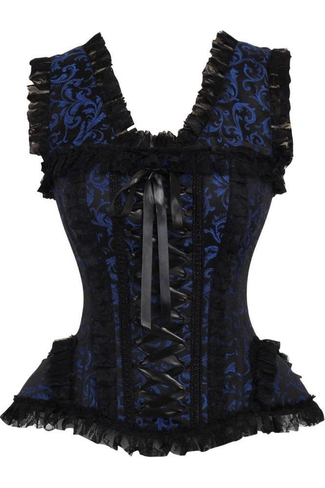 Top Drawer Blue/Black Swirl Brocade & Lace Steel Boned Corset w/Cap Sleeves