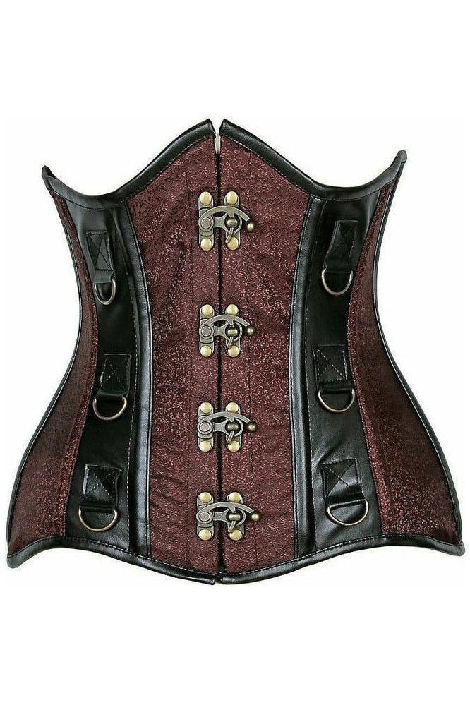 Top Drawer Brown Brocade & Faux Leather Steel Boned Under Bust Corset