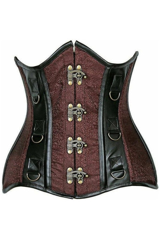 Top Drawer Brown Brocade & Faux Leather Steel Boned Under Bust Corset