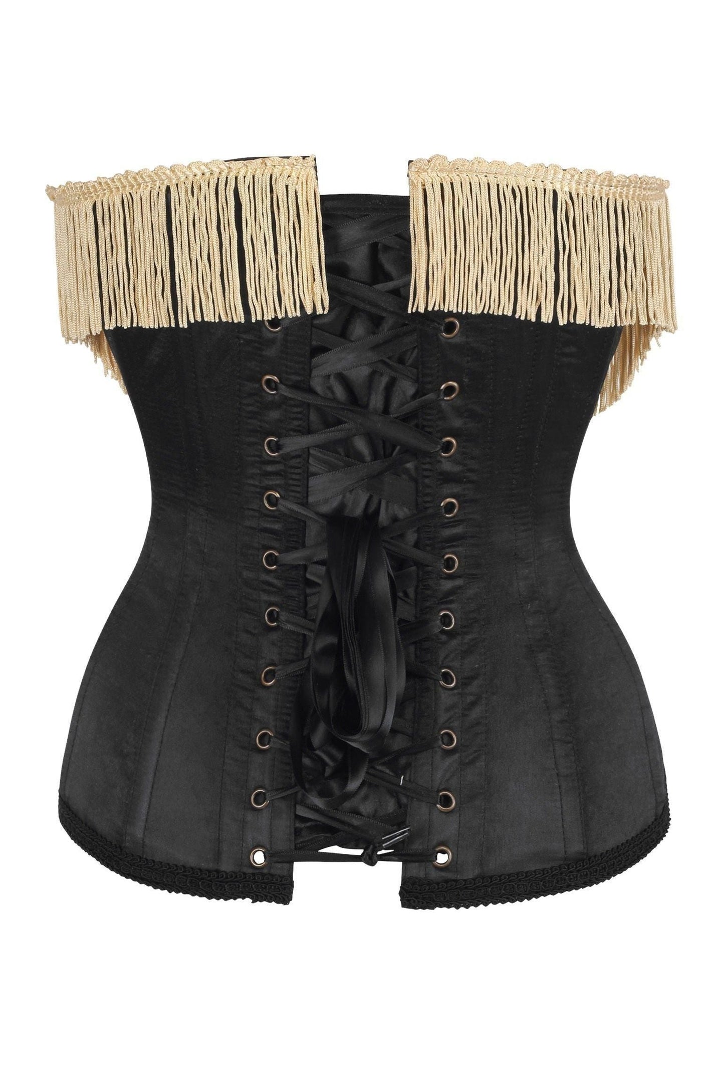 Top Drawer Burlesque Underbust Black/Dark Red Steel Boned Corset w/Gold Fringe