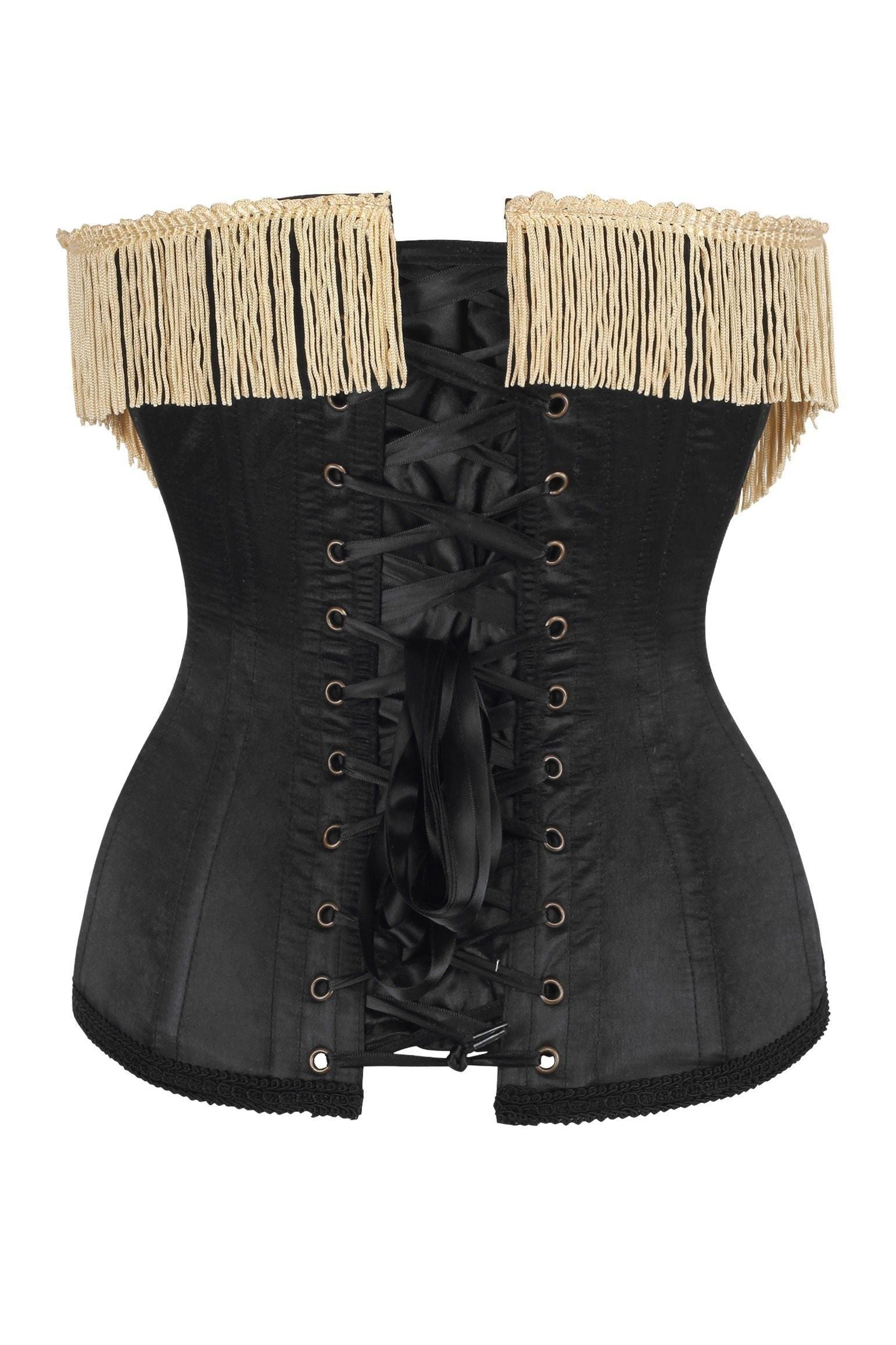Top Drawer Burlesque Underbust Black/Dark Red Steel Boned Corset w/Gold Fringe