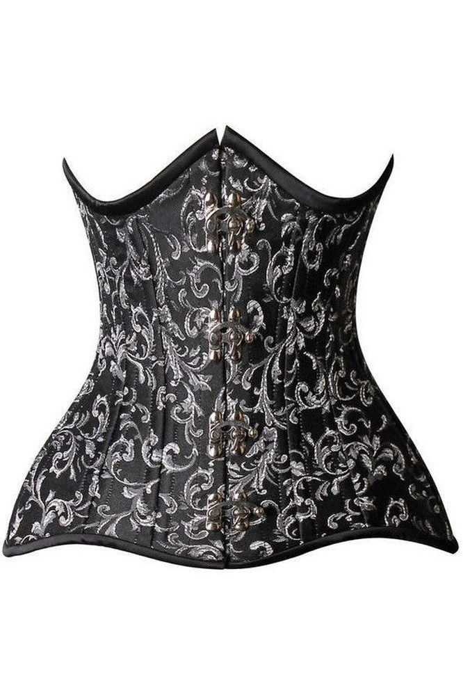Top Drawer CURVY Black/Silver Brocade Double Steel Boned Under Bust Corset