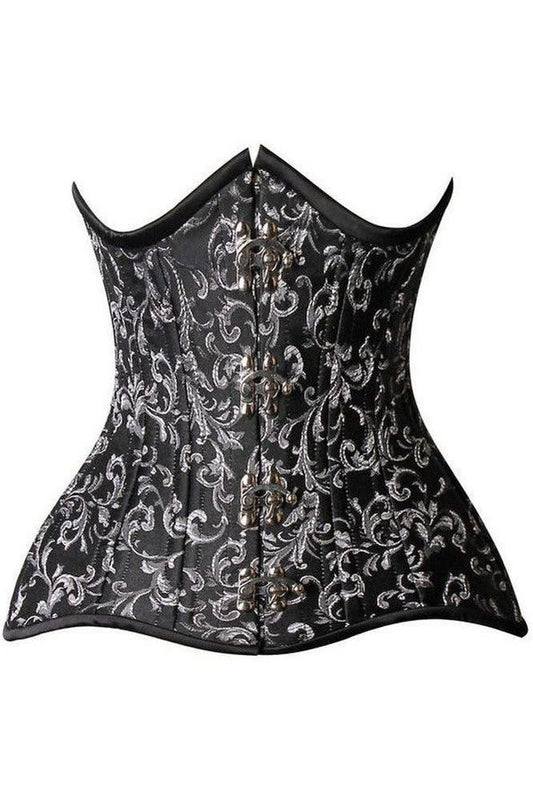 Top Drawer CURVY Black/Silver Brocade Double Steel Boned Under Bust Corset