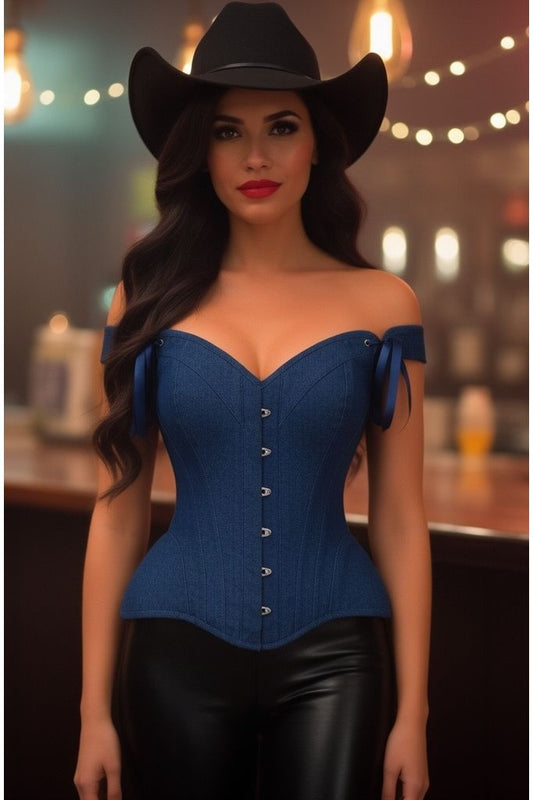 Top Drawer Dark Blue Denim Steel Boned Corset w/Straps