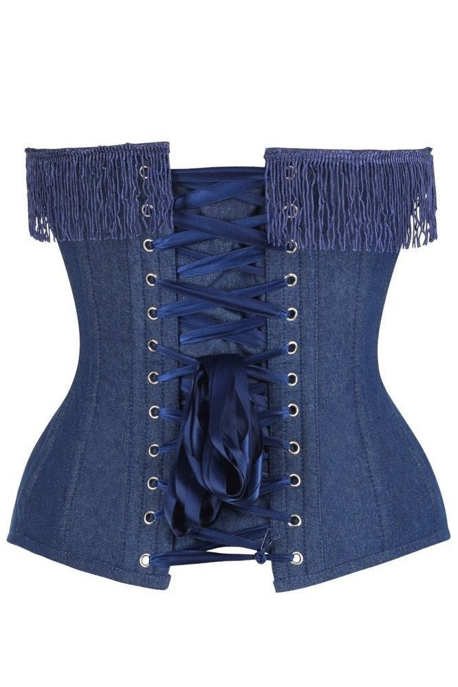Top Drawer Dark Blue Denim Steel Boned Overbust Corset w/Fringe