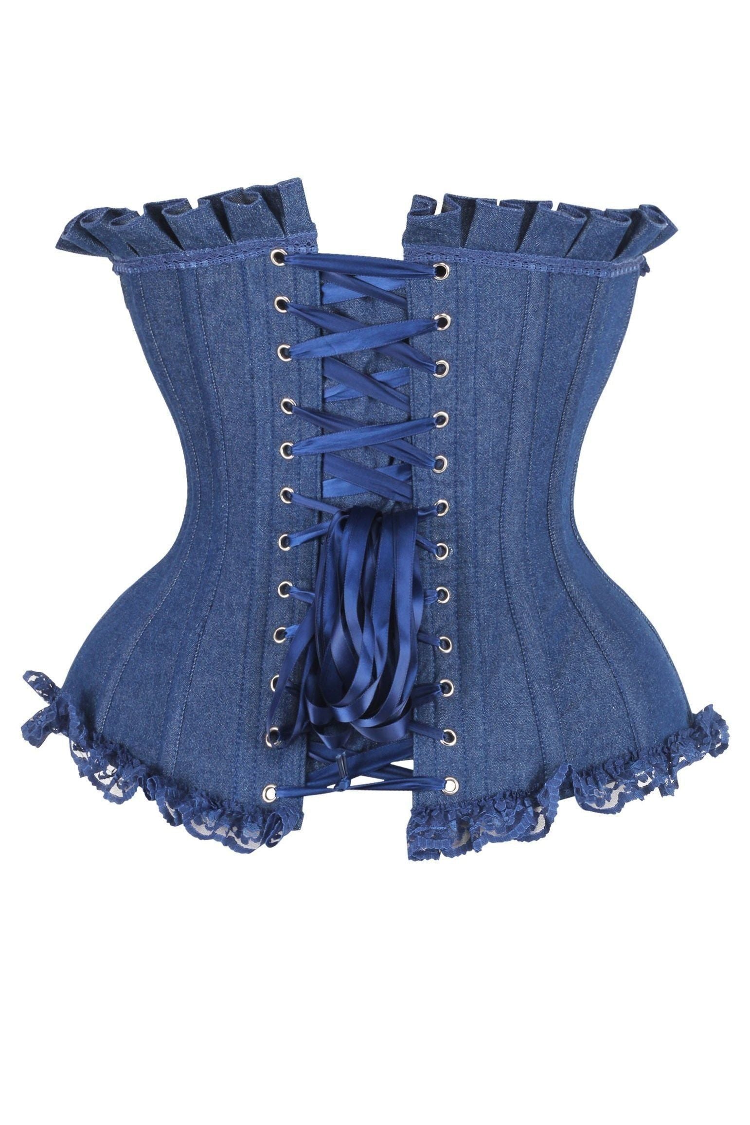 Top Drawer Dark Blue Denim Underwire Steel Boned Burlesque Corset w/Bows