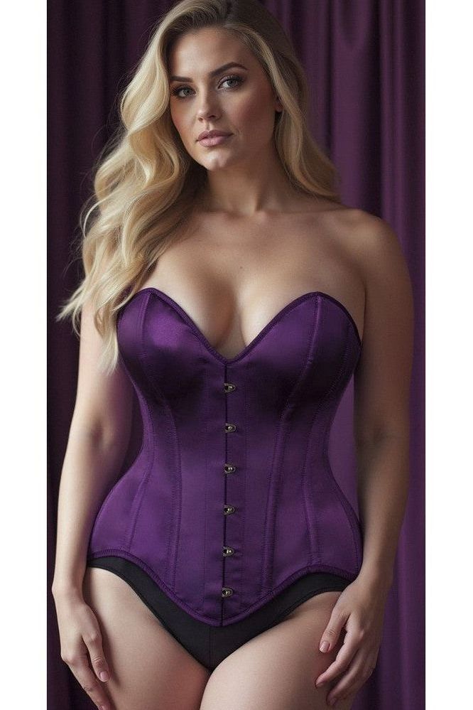 Top Drawer Dark Purple Satin Steel Boned Overbust Corset