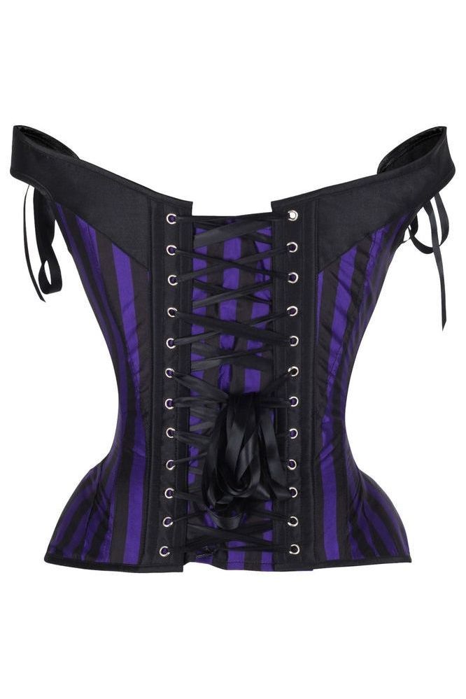 Top Drawer Dark Purple/Black Striped Steel Boned Corset w/Straps