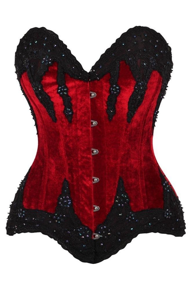 Top Drawer Dark Red Velvet & Beaded Steel Boned Overbust Corset