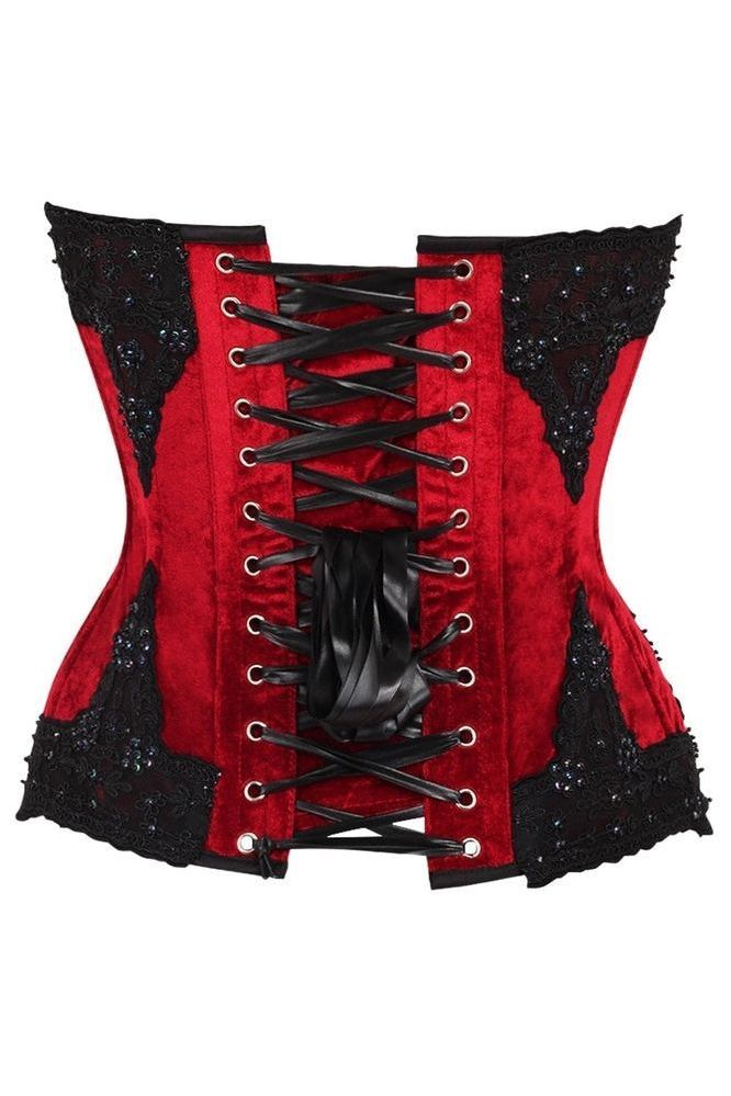 Top Drawer Dark Red Velvet & Beaded Steel Boned Overbust Corset
