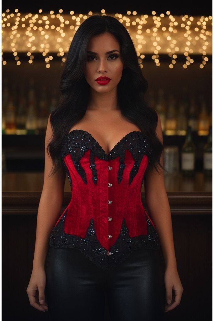 Top Drawer Dark Red Velvet & Beaded Steel Boned Overbust Corset