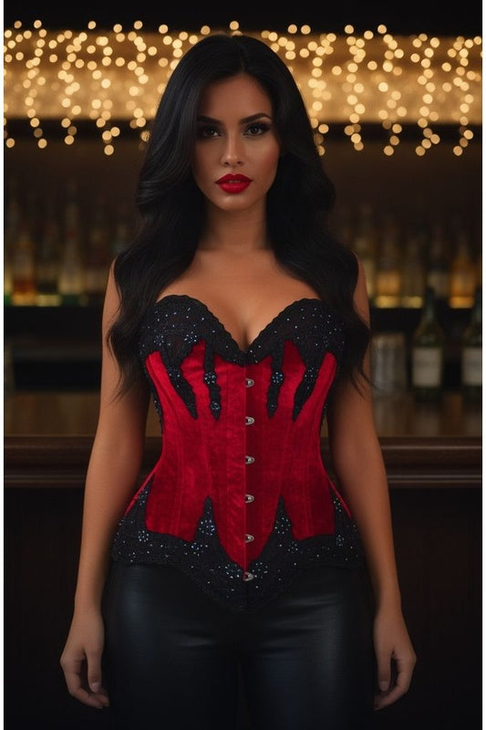 Top Drawer Dark Red Velvet & Beaded Steel Boned Overbust Corset