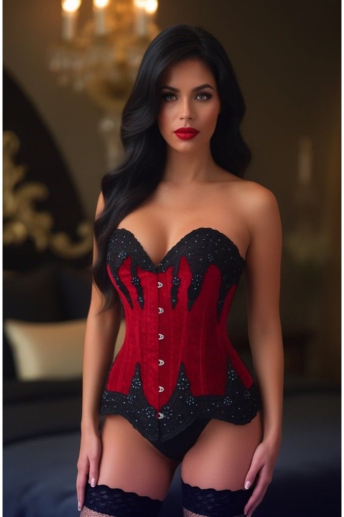 Top Drawer Dark Red Velvet & Beaded Steel Boned Overbust Corset