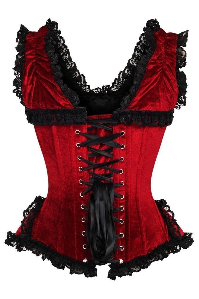 Top Drawer Dark Red Velvet & Lace Steel Boned Corset w/Cap Sleeves