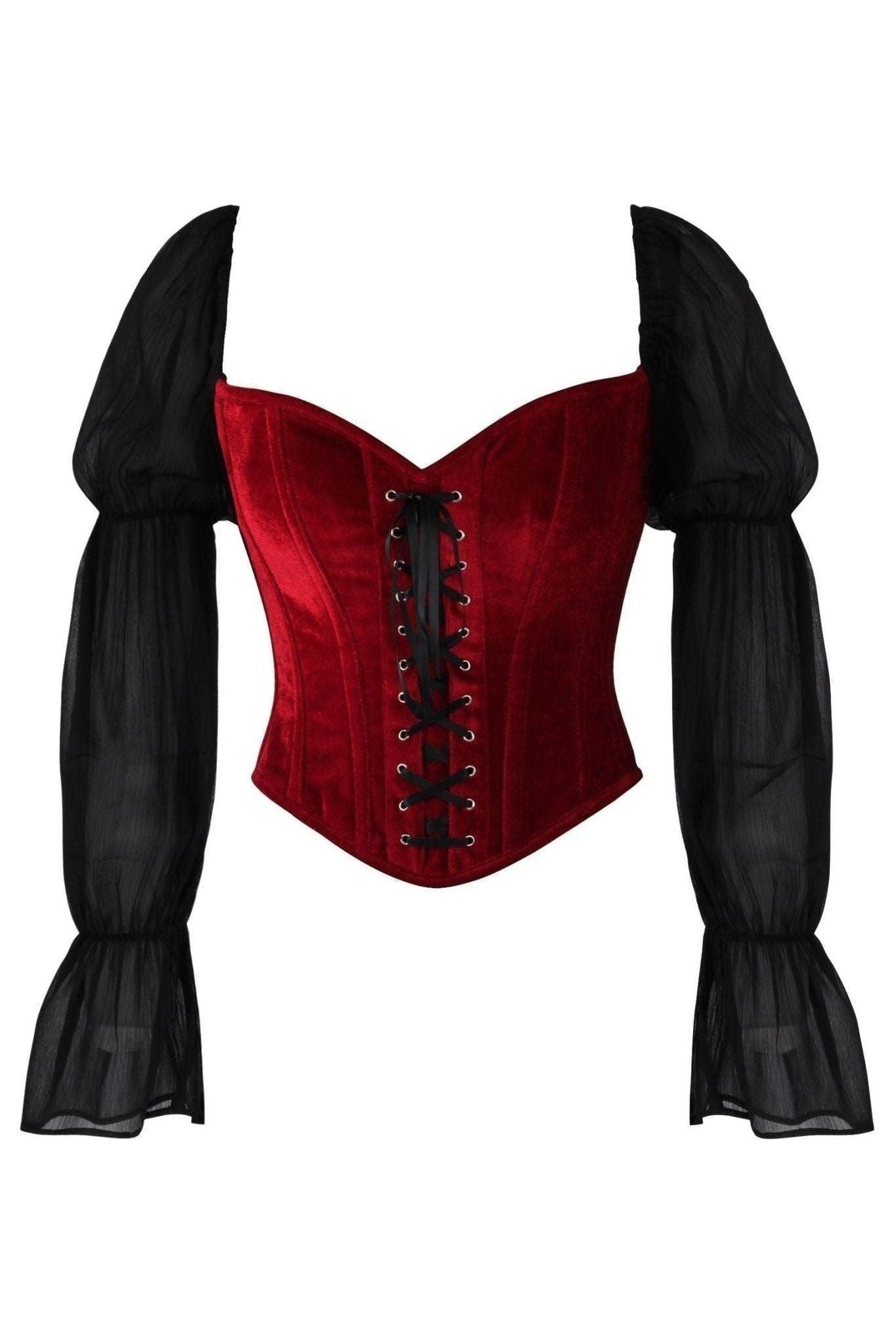 Top Drawer Dark Red Velvet Steel Boned Corset w/Sleeves