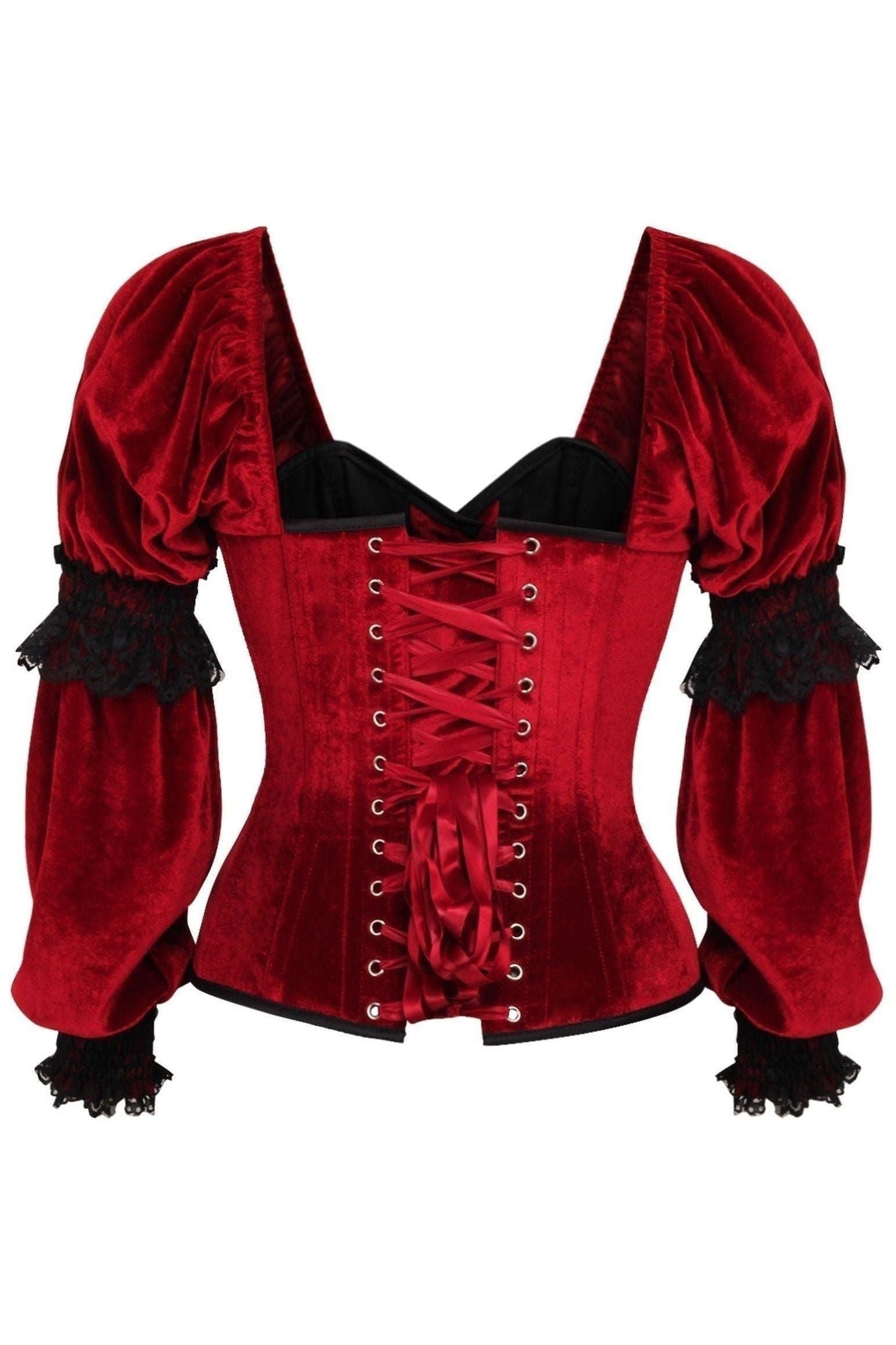 Top Drawer Dark Red Velvet Steel Boned Long Sleeve Corset
