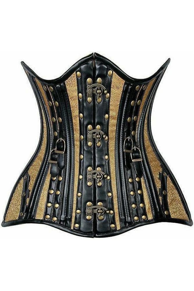 Top Drawer Faux Leather & Gold Brocade Steel Boned Under Bust Corset