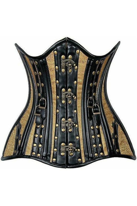 Top Drawer Faux Leather & Gold Brocade Steel Boned Under Bust Corset