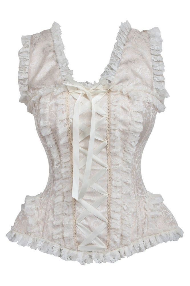 Top Drawer Ivory Brocade & Lace Steel Boned Corset w/Cap Sleeves