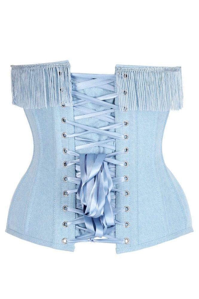 Top Drawer Light Blue Denim Steel Boned Overbust Corset w/Fringe