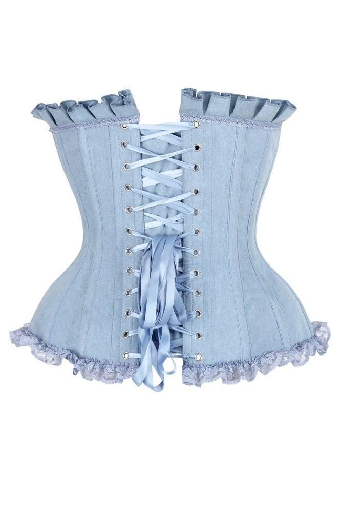 Top Drawer Light Blue Denim Underwire Steel Boned Burlesque Corset w/Bows