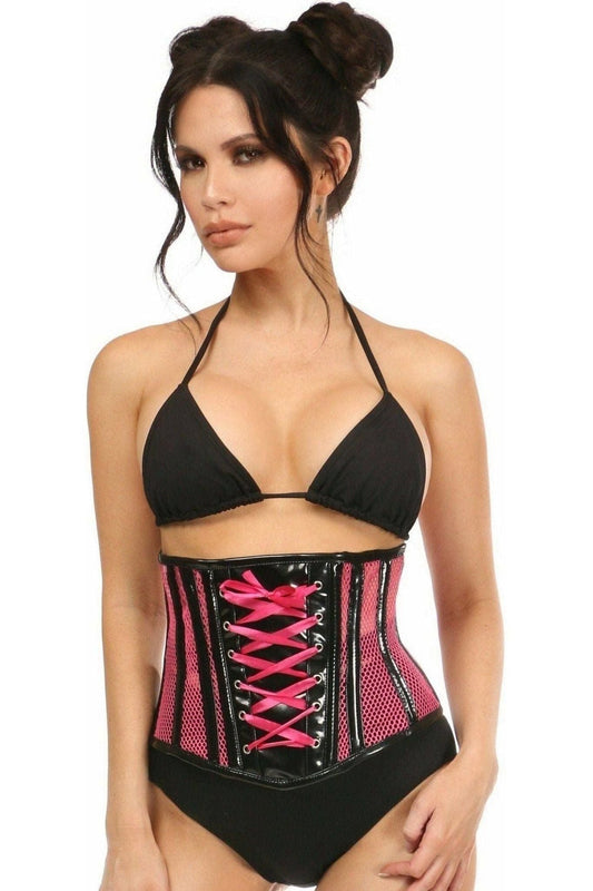 Top Drawer Neon Pink Patent & Fishnet Underbust Corset