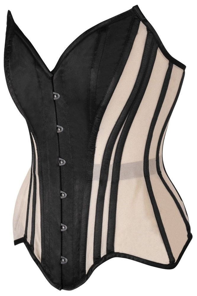 Top Drawer Nude Mesh & Black Satin Steel Boned Overbust Corset