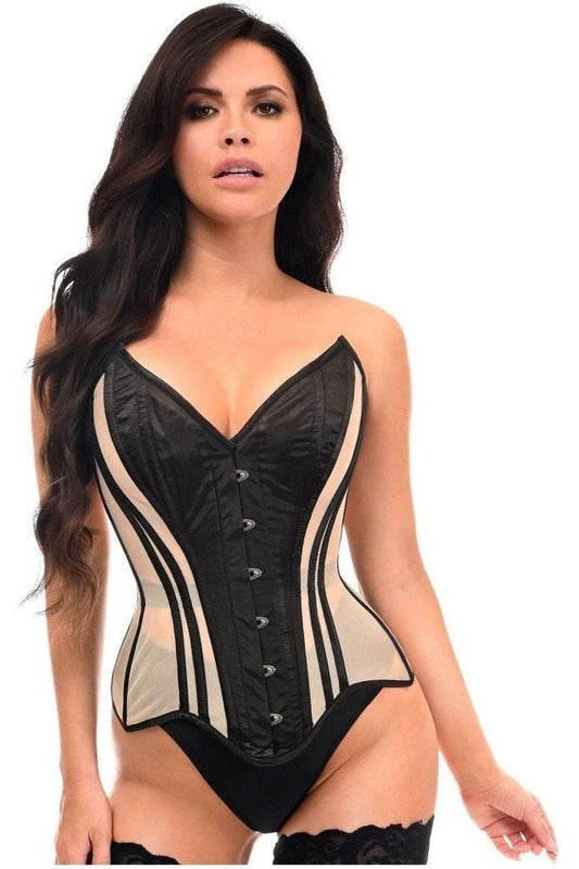 Top Drawer Nude Mesh & Black Satin Steel Boned Overbust Corset