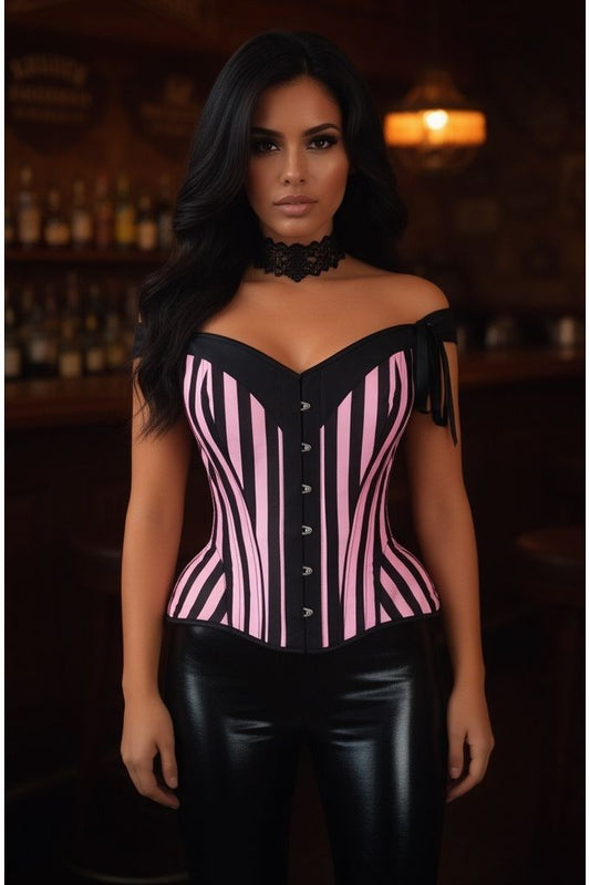 Top Drawer Pink/Black Striped Steel Boned Corset w/Straps