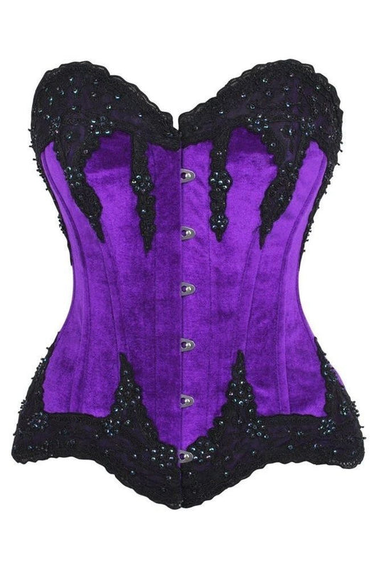 Top Drawer Purple Velvet & Beaded Steel Boned Overbust Corset