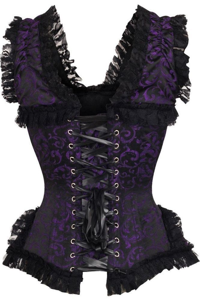 Top Drawer Purple/Black Swirl Brocade & Lace Steel Boned Corset w/Cap Sleeves
