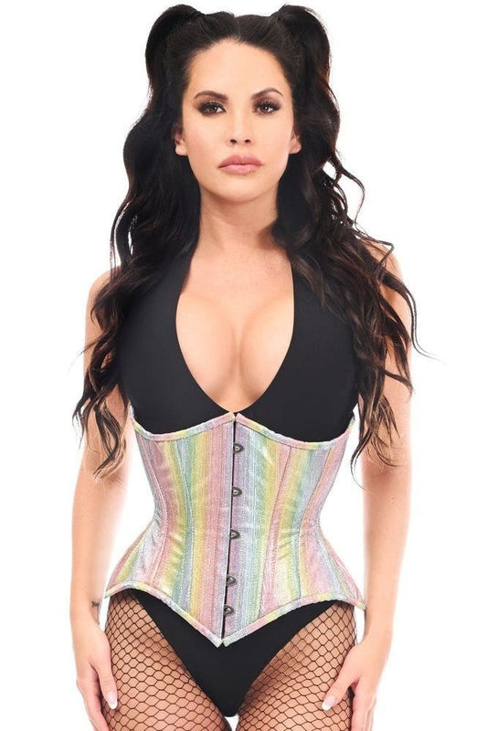 Top Drawer Rainbow Glitter Double Steel Boned Curvy Cut Waist Cincher Corset