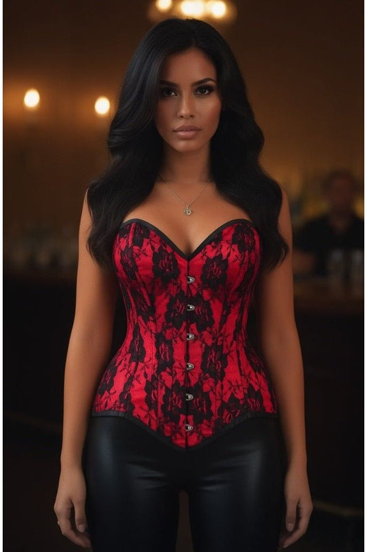 Top Drawer Red Satin w/Black Lace Overlay Steel Boned Overbust Corset