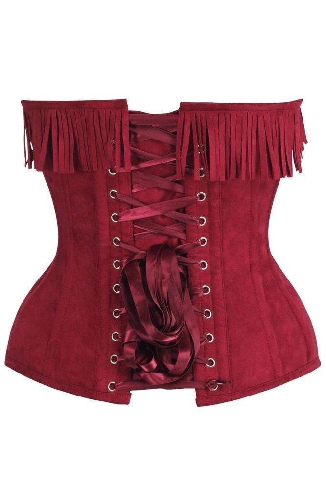 Top Drawer Red Suede Steel Boned Overbust Corset w/Fringe