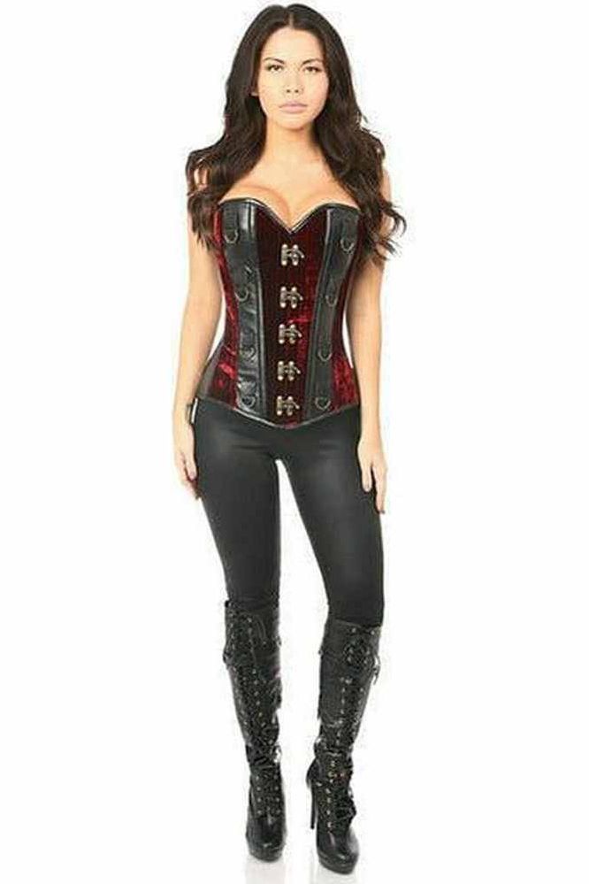 Top Drawer Red Velvet & Faux Leather Steel Boned Corset