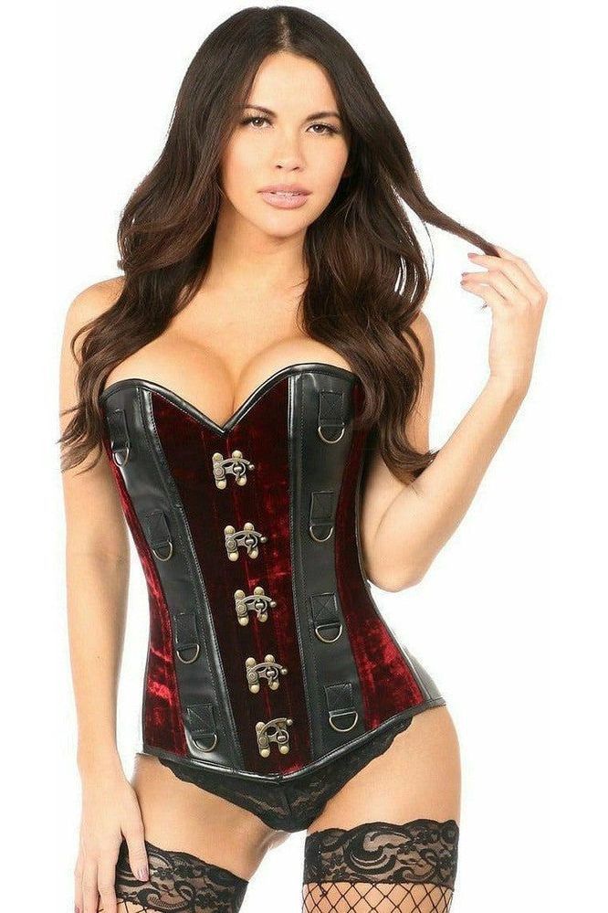 Top Drawer Red Velvet & Faux Leather Steel Boned Corset