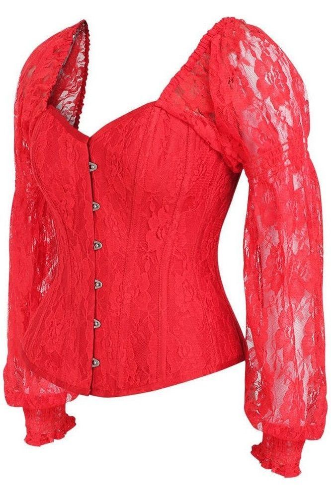 Top Drawer Red w/Red Lace Steel Boned Long Sleeve Corset