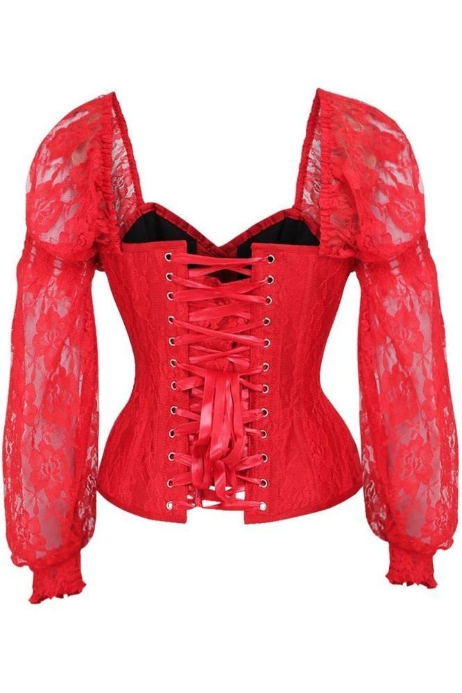 Top Drawer Red w/Red Lace Steel Boned Long Sleeve Corset