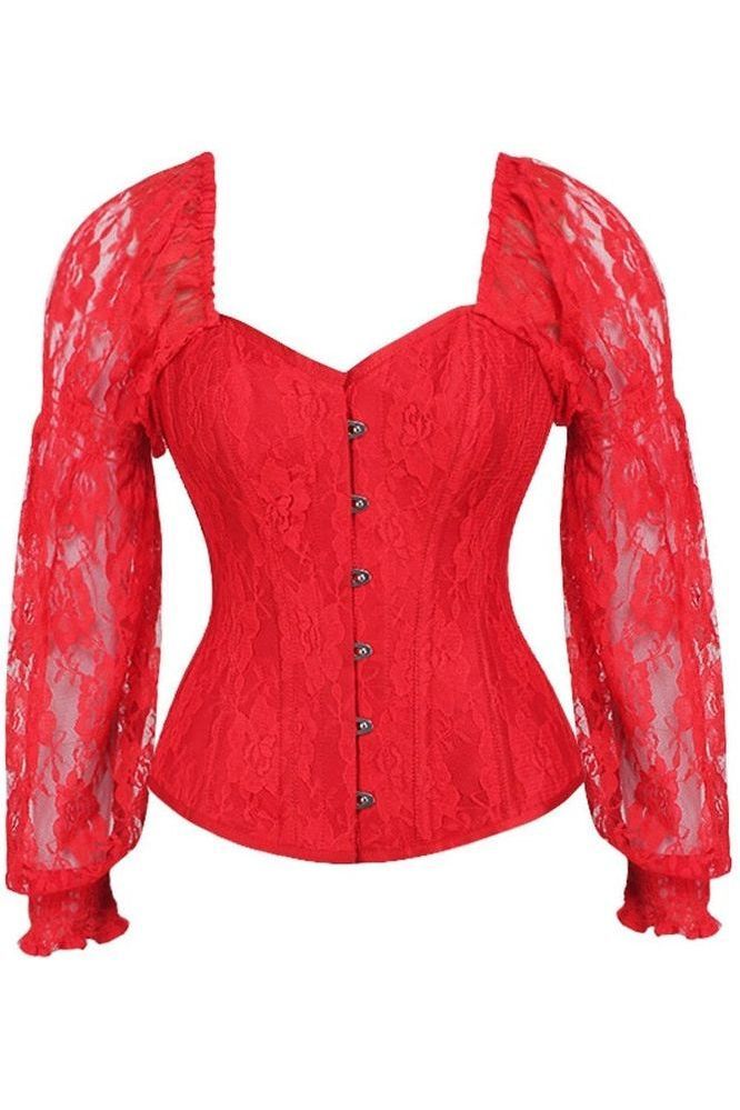 Top Drawer Red w/Red Lace Steel Boned Long Sleeve Corset