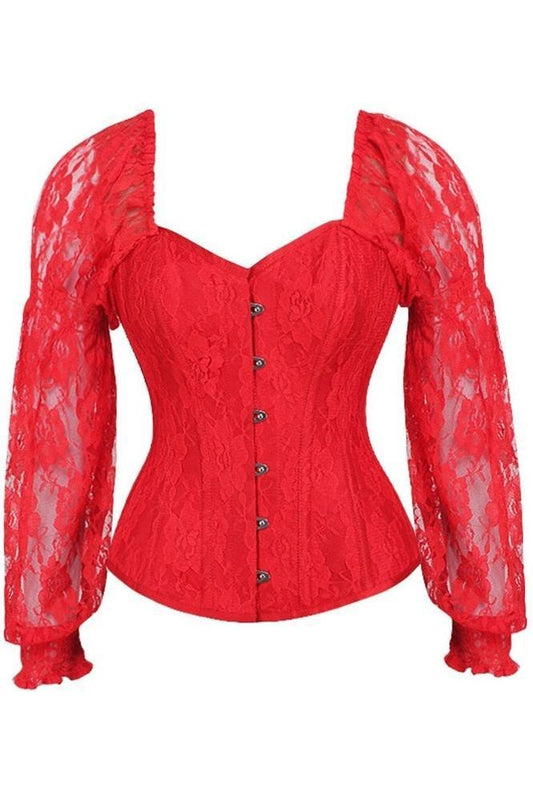 Top Drawer Red w/Red Lace Steel Boned Long Sleeve Corset