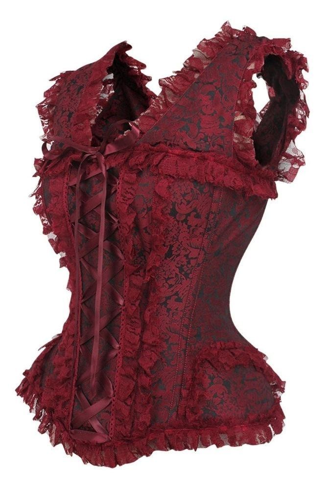Top Drawer Red/Black Brocade & Lace Steel Boned Corset w/Cap Sleeves