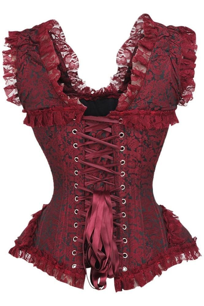 Top Drawer Red/Black Brocade & Lace Steel Boned Corset w/Cap Sleeves
