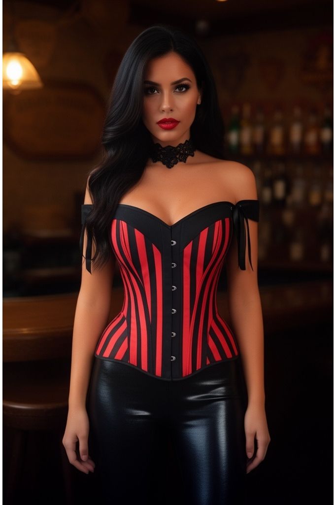 Top Drawer Red/Black Striped Steel Boned Corset w/Straps