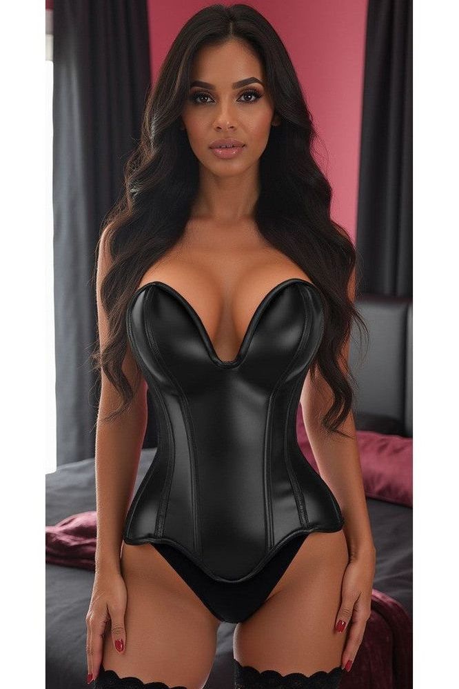 Top Drawer Steel Boned Black Faux Leather Plunge Neckline Overbust Corset